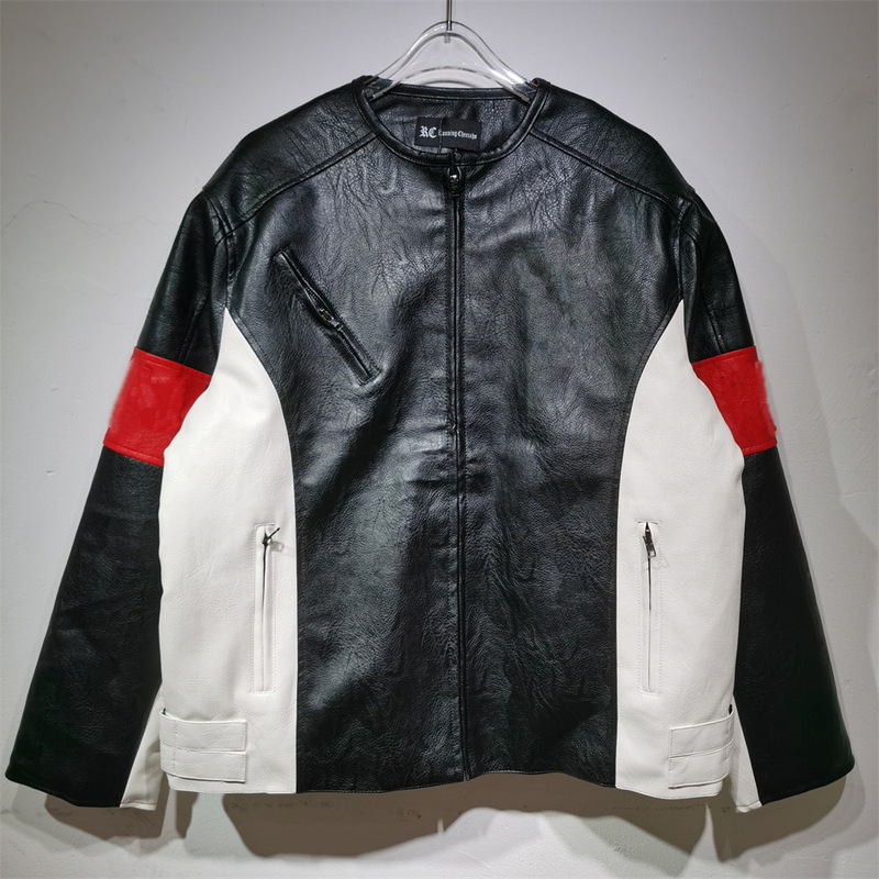 跨境美潮原创设计加工美式宽松版型皮衣机车服重工刺绣男女同款潮|undefined