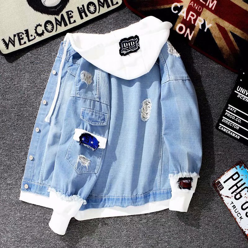 Spring and Autumn Stitching Fake Two-piece Denim Jacket Korean Fashionable Casual All-match Loose Workwear Hooded Casual Jacket