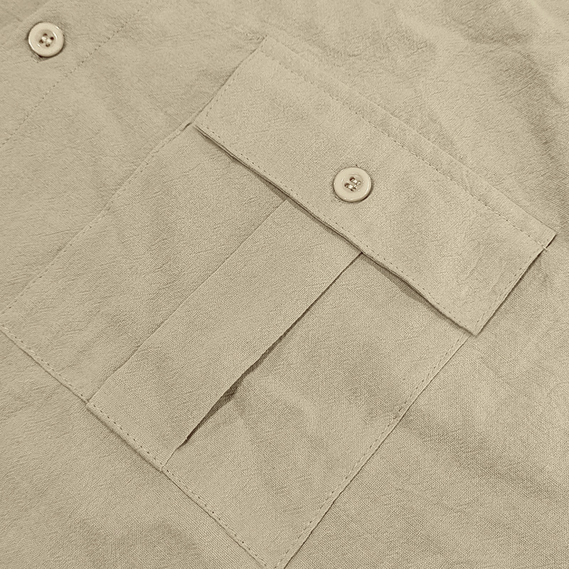 Summer Men's Linen Shirt Casual Loose Collar Short Sleeve Solid Color Pocket T-Shirt_viptrois.com