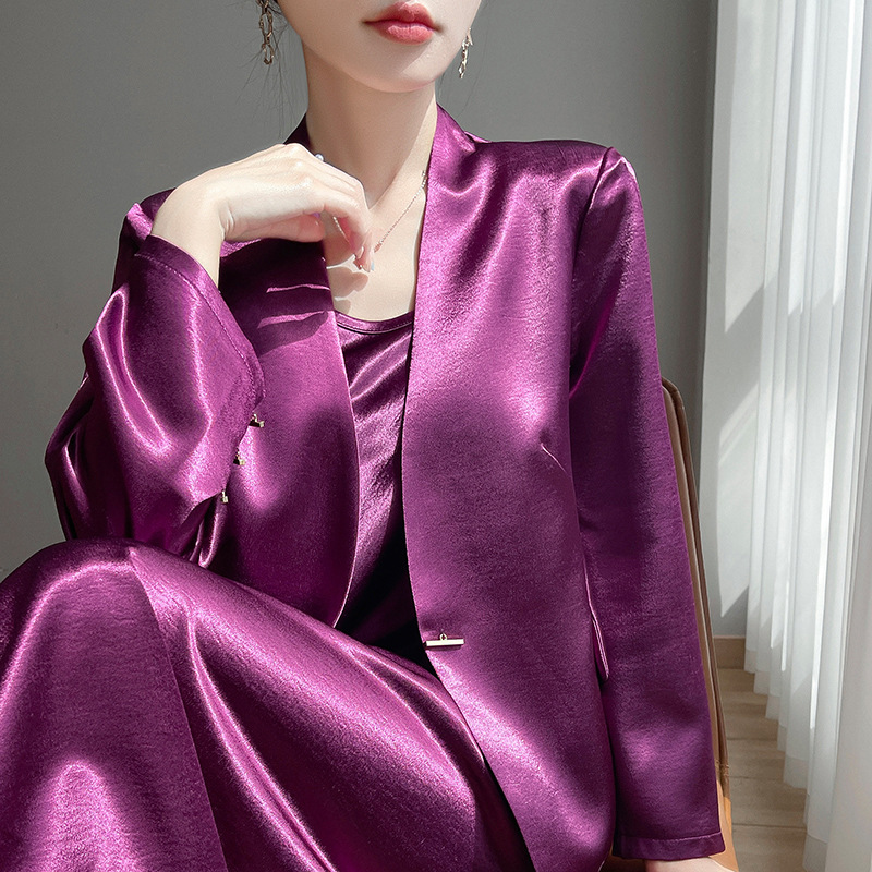 Versatile and stylish blazer with a simple, high-end glossy satin finish, crystal satin jacket for elegant women, available in white and black