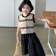 2024夏季新款女童韓系條紋針織短袖上衣女寶寶黑色拼接半身裙100