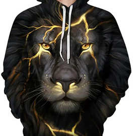 2023跨境WISH亚马逊黑色闪电狮子3D数码打印男式时尚帽衫卫衣