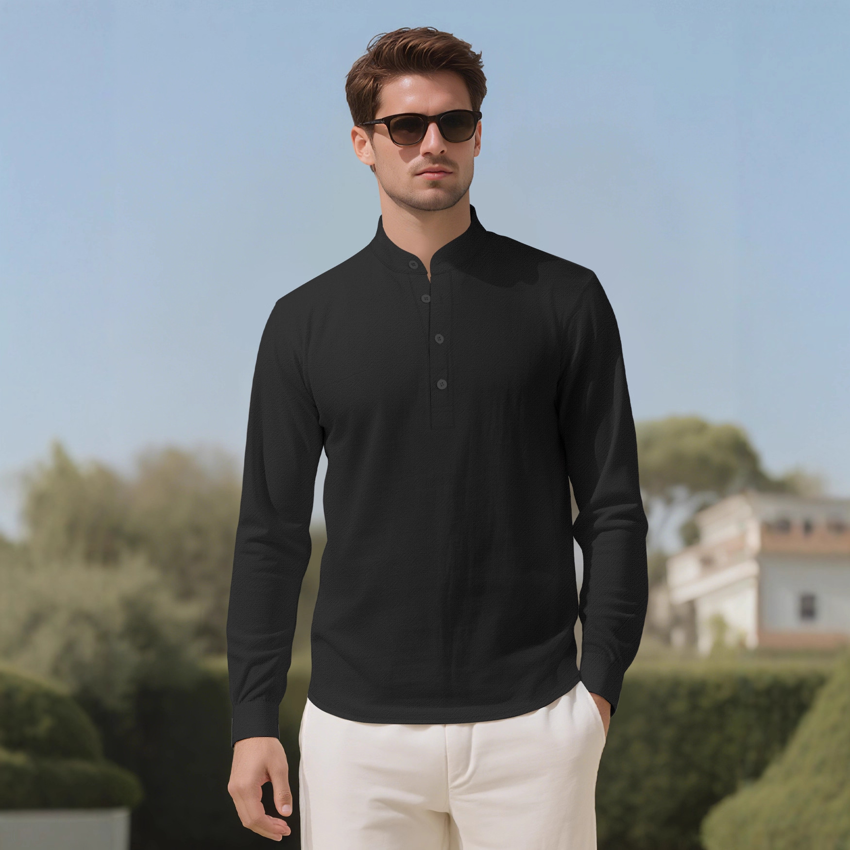 Monochrome Man- 2026 Foreign Trade Loose Linen Solid Color Long Sleeve Stand Collar Top Men's Casual Shirt_voghion.com