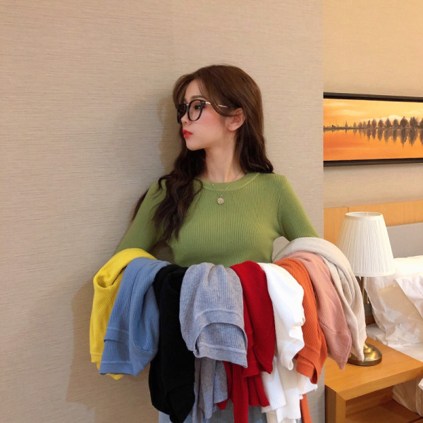 2025秋季圆领韩版修身打底衫纯色基础款弹力显瘦长袖毛针织衫女