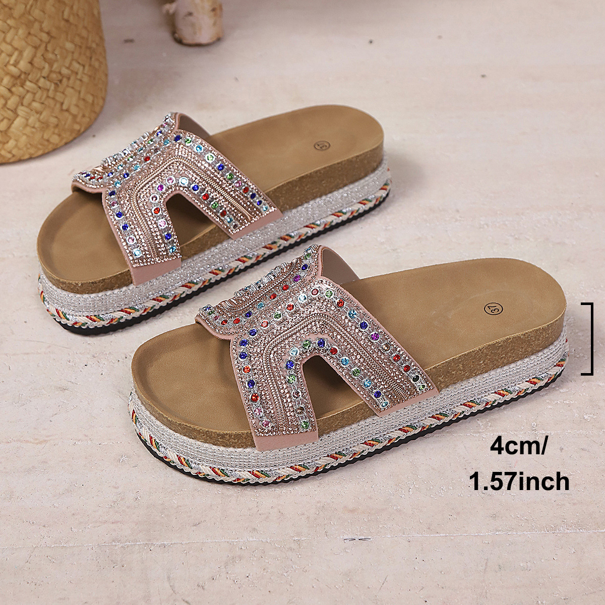 Women's Rhinestone Platform Slippers Summer Style With Cork Buckle_voghion.com