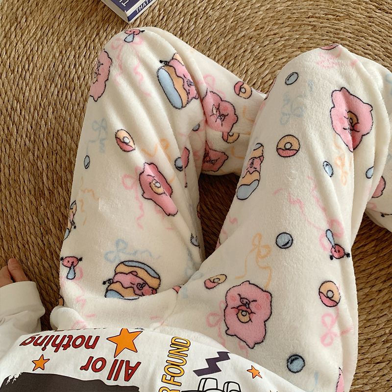 Pantalones de pijama de franela de dibujos animados de otoño y invierno para mujeres con pantalones de lana de coral caliente para estudiantes de lana de invierno para el hogar