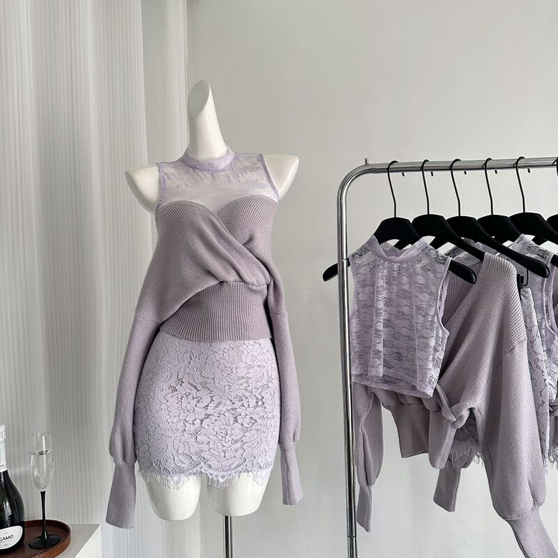 "Xinxing" Swan Off-Shoulder Knitted Top Women's Autumn New Two-Piece Lace Skirt Knitted Sweater Set