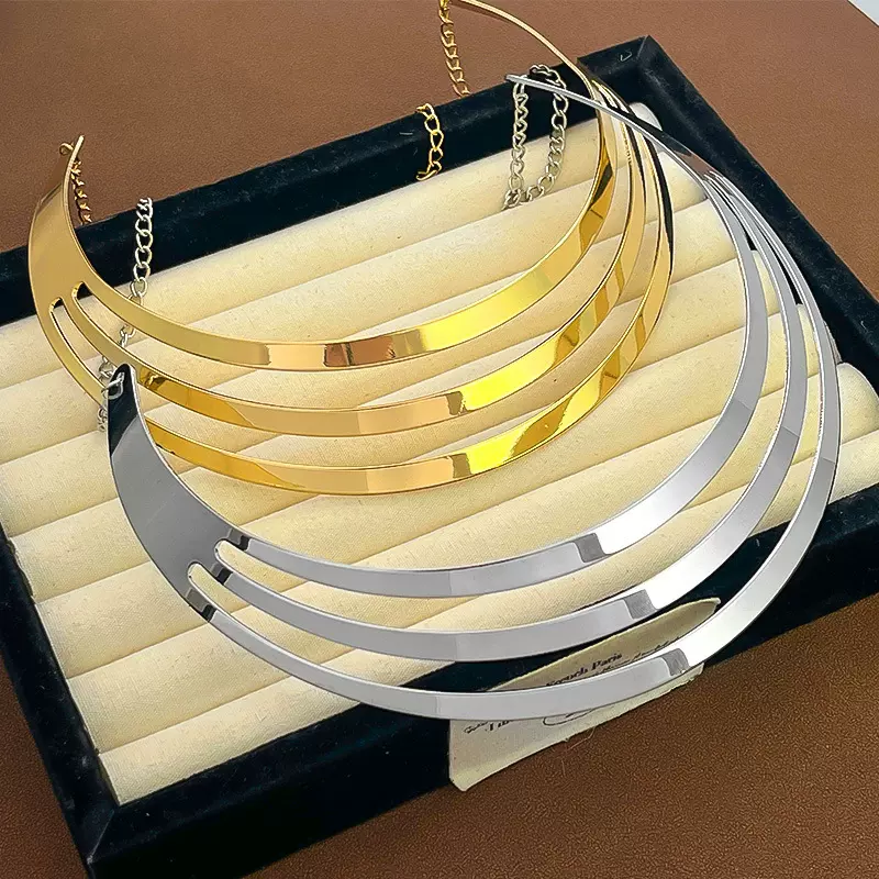 欧美朋克风金属镂空多层项圈时尚个性夸张气质光面金属锁骨链项饰