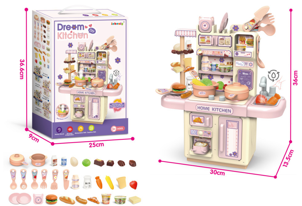 Comercio exterior infantil simulación de 36CM pulverización de luz de cocina de agua conjunto de mesa de platos de cocina de juguetes