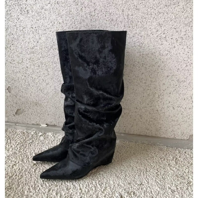 2025 New Black Pointed Toe Pleated Hot Girl Boots Wedge Heel No More Than Knee Straight Boots High Tube Pants Boots 2025 New Black Pointed Toe Pleated Hot Girl Boots Wedge Heel No More Than Knee Straight Boots High Tube Pants Boots