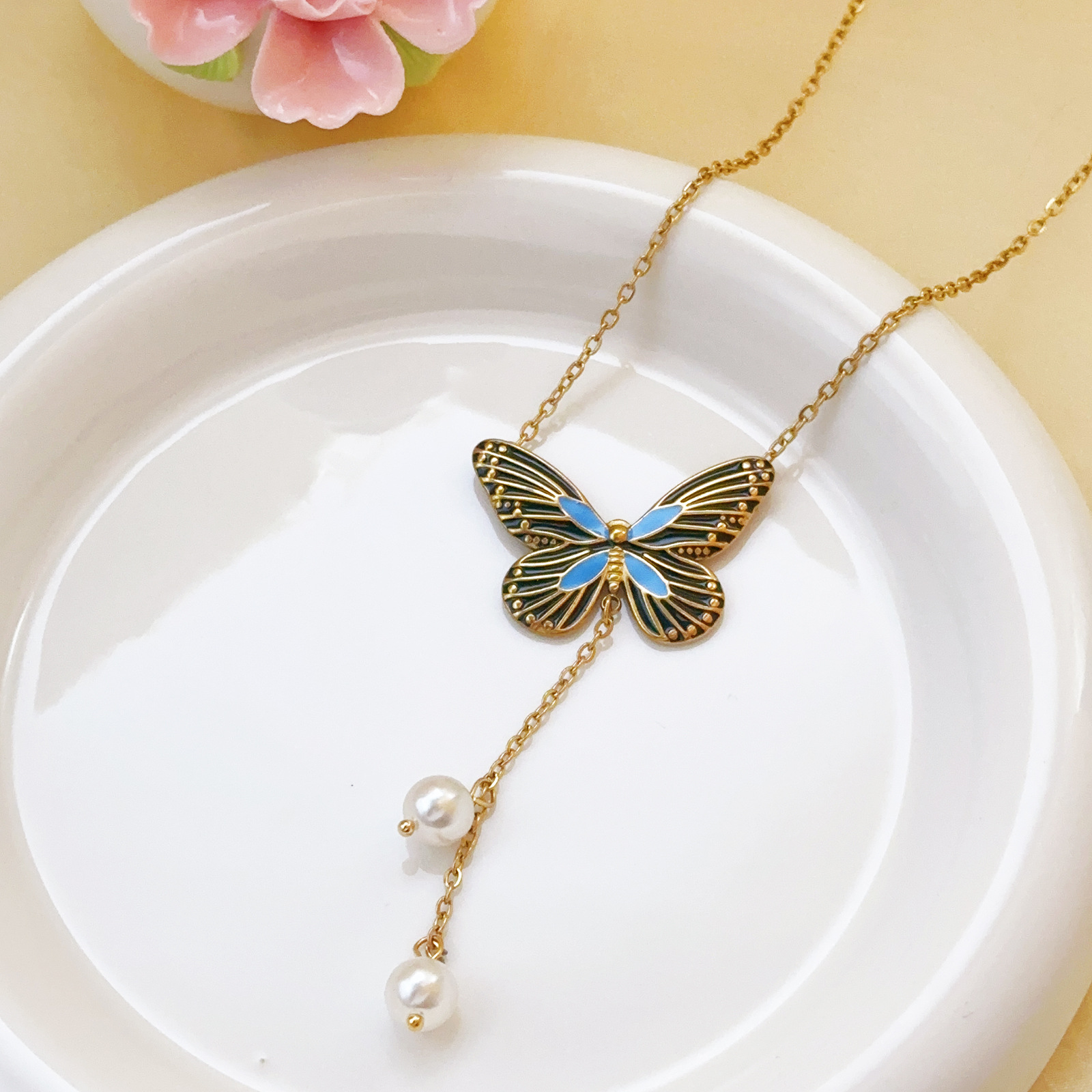 Nuevo estilo francés azul y oscuro, mariposa de titanio, perla de acero, collar de acero de titanio, joyería femenina, conjunto de temperamento, pulsera, pendientes image 3