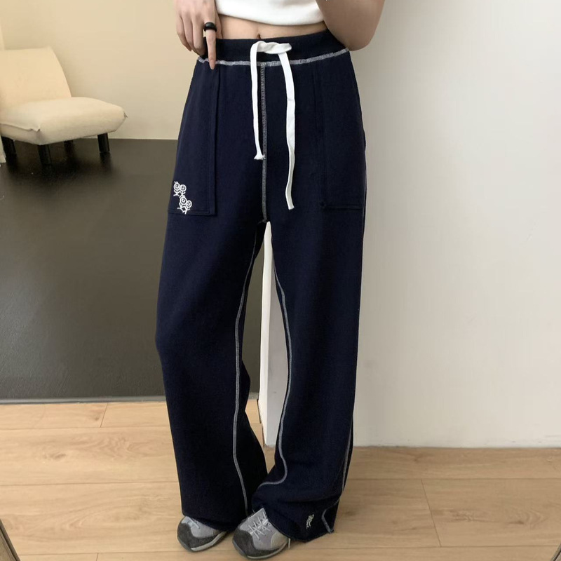 Korean-style embroidered drawstring casual loose-fit sweatpants for women, flared long pants with elastic waist