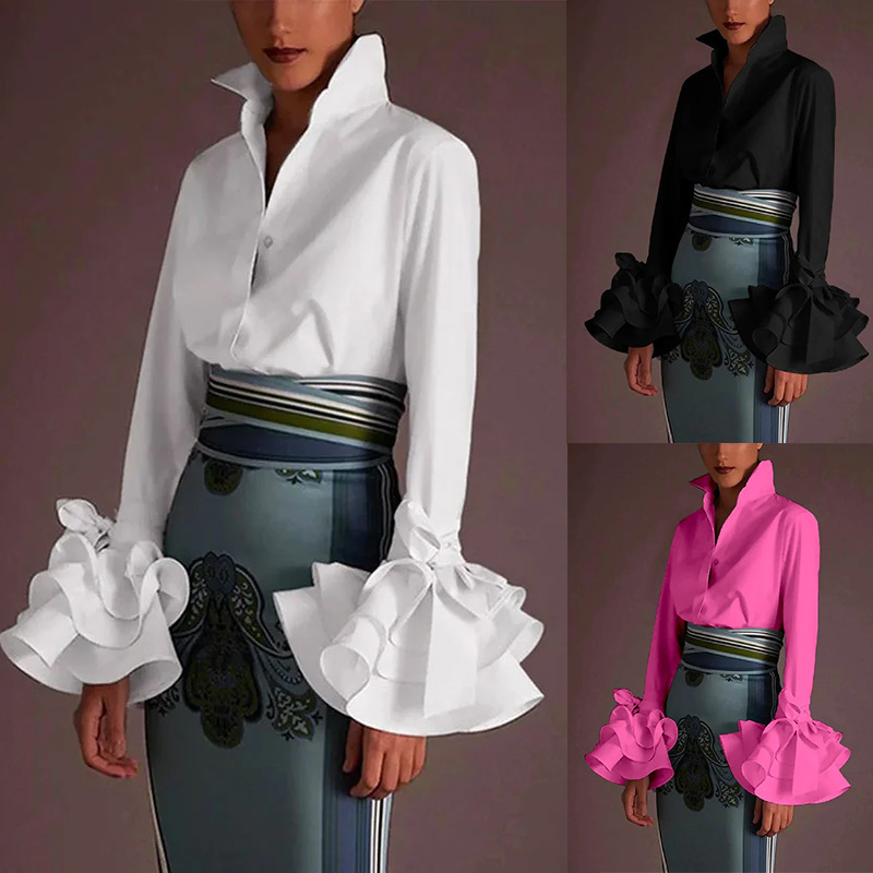 2026 European and American Cross-Border Autumn New Women's Solid Color Slim-Fit Casual Ruffle Sleeve Shirt Top in Stock