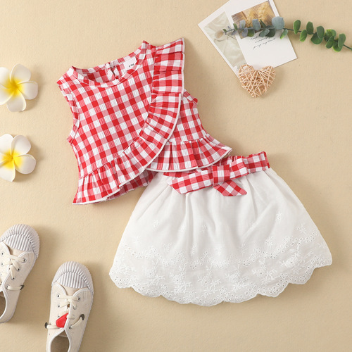 Baby Sleeveless Ruffle-Trim Plaid Top with Bow-Knot Embroidery + Skirt Set, Trendy European & American Style for Girls