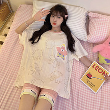 pajamas精梳棉坑条短袖短裤睡衣女夏可爱卡通宽松直播供应睡衣