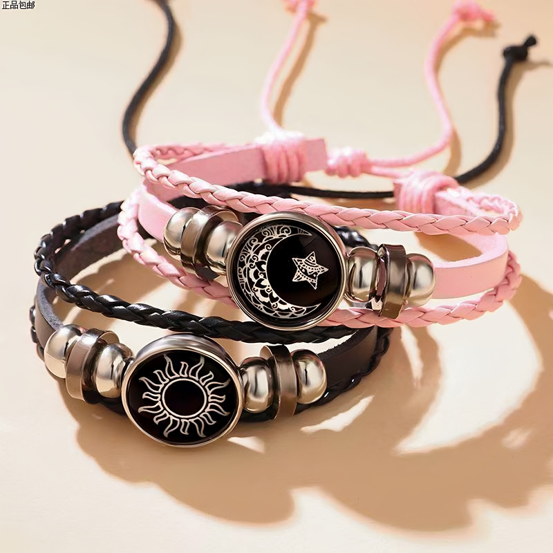 Luminous Sun and Moon Bracelet for Men and Women, Couple Bracelet, Best Friend Bracelet, Handmade Multi-Layer Woven Leather Sun and Moon Bracelet