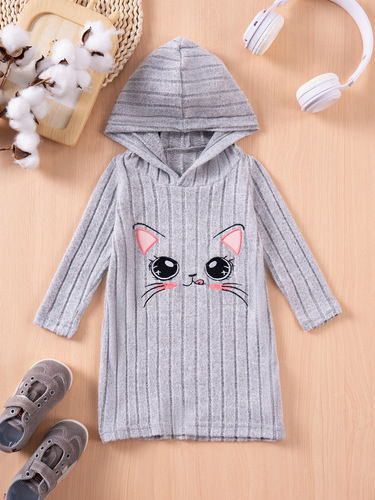 2025 Spring and Autumn New Girl's Dress with Hooded Long Sleeve Cartoon Cat Cute Fashion Casual Medium Length Dress Cross-border