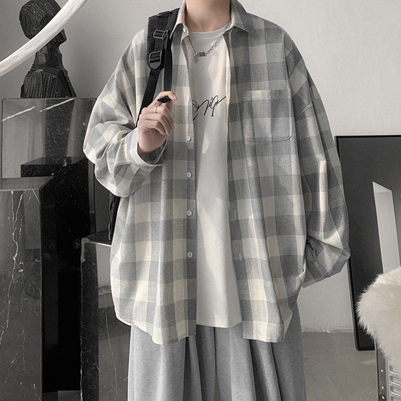 Camisa a cuadros estilo coreano Primavera de los hombres ins juventud camisa de manga larga 2021 suelta moda guapo abrigo del todo fósforo