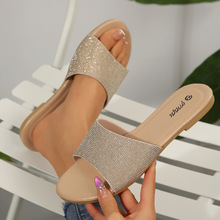 跨境女鞋一字亮片时尚拖鞋经典气质百搭纯色金属装饰圆头平底舒适