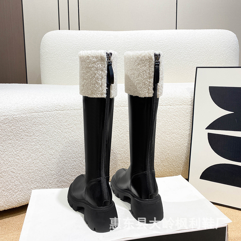 Lamb wool boots Autumn and winter fleece warm cotton boots below the knee high heel platform knight boots booster boots