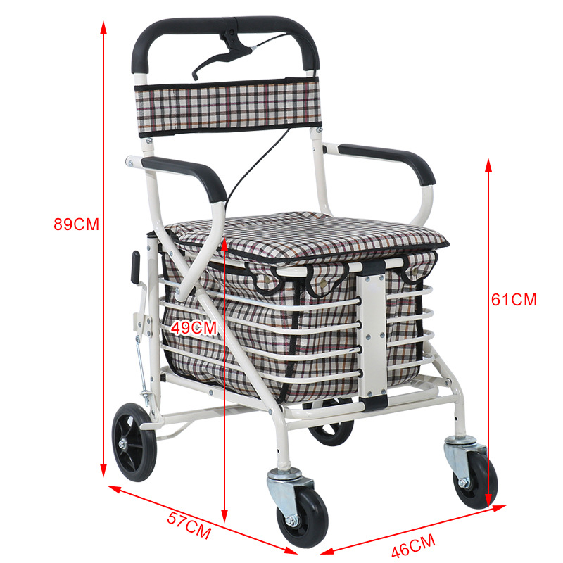 The elderly can sit on the foldable shopping cart with a pushable soft chair for travel assistance