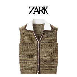ZARK 欧美新款翻领撞色复古特种纱镂空开衫背心 跨境外贸女装批发