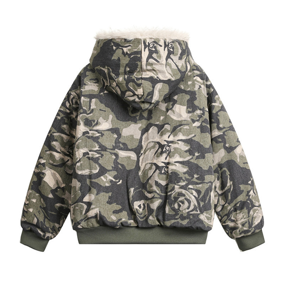 ​​Men's Winter Hooded Cotton Jacket With Fur Collar, Loose Fit Streetwear Coat With Decorative Pockets, Denim Style For Casual Wear​​_viptrois.com