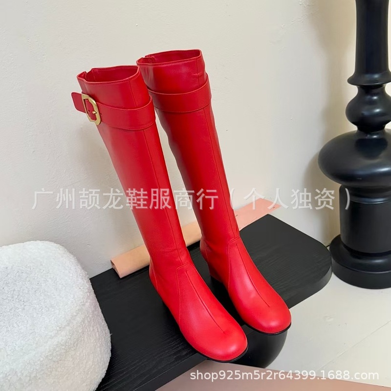 高端2025秋冬真皮圆头复古皮带方扣粗高跟后拉链高筒骑士靴长靴女|undefined