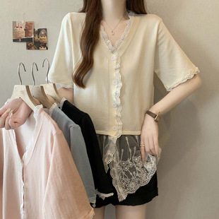 2025 New Summer Style V Neck Lace Splicing Mesh Sunscreen Cardigan Women's Large Size French Slim Knitted Top