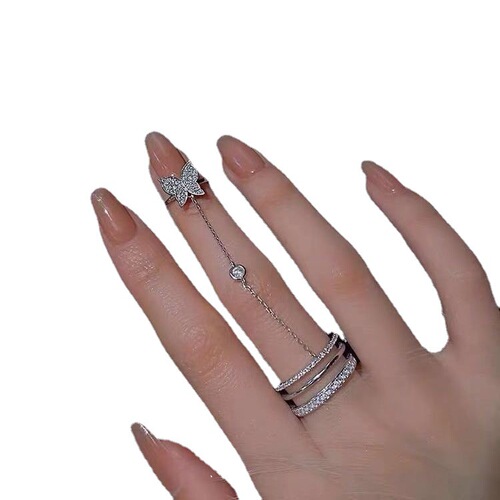 Internet celebrity butterfly tassel finger ring niche design ring super ins flash diamond nail tip ring index finger