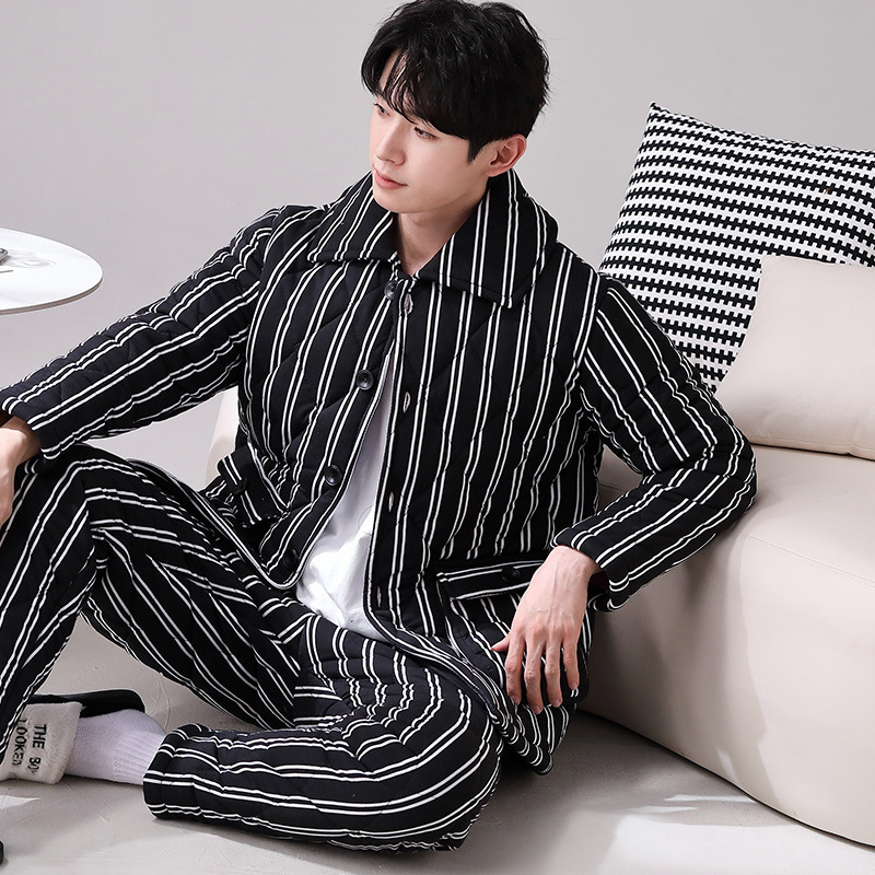 100% algodón pijamas calientes hombres Otoño e Invierno de tres capas acolchadas juventud rayas estilo coreano prendas de vestir exteriores engrosada homewear