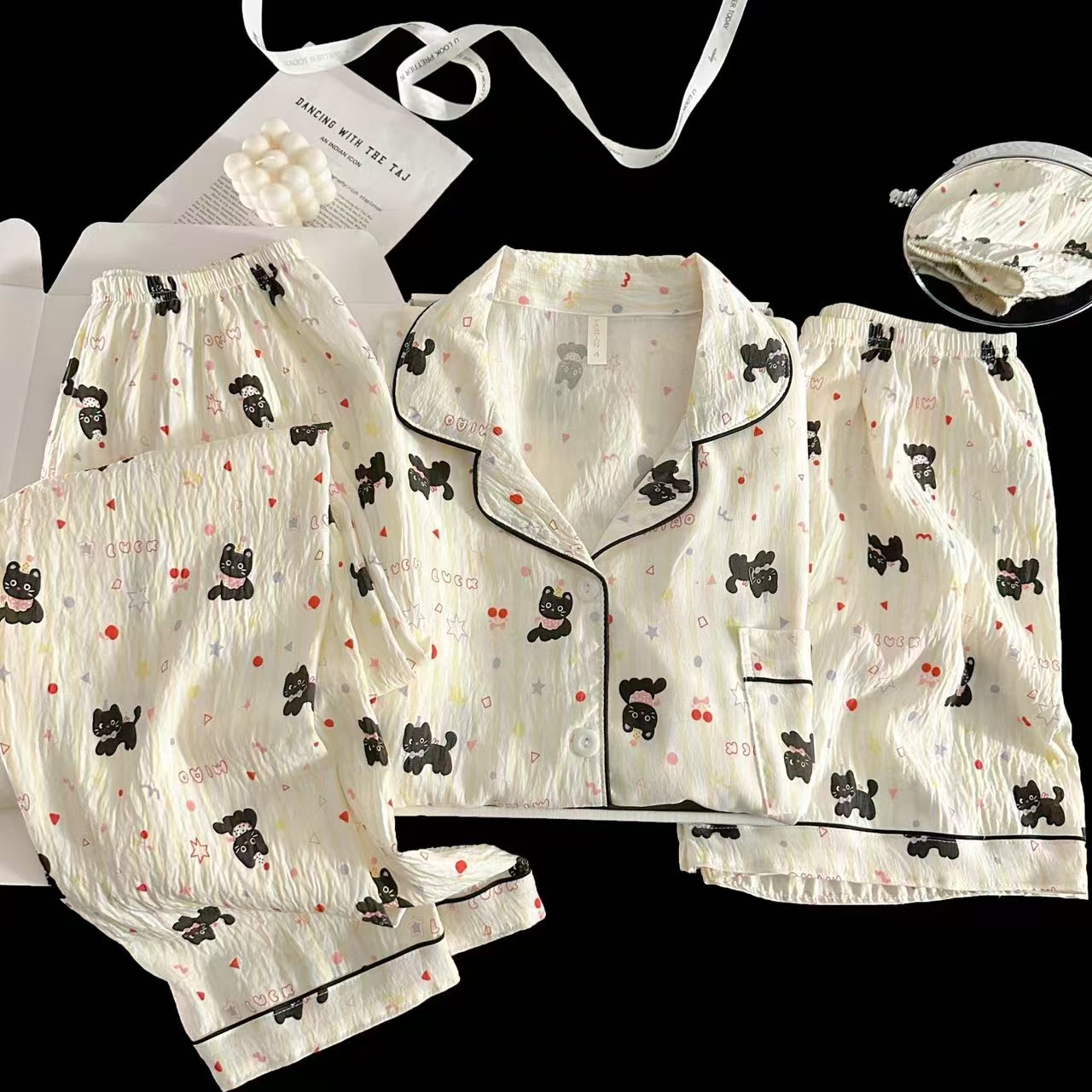 Pijamas de amor dulce de color, pantalones de manga corta de hilo de algodón de nube de verano para mujer, cárdigan de tres piezas, servicio a domicilio