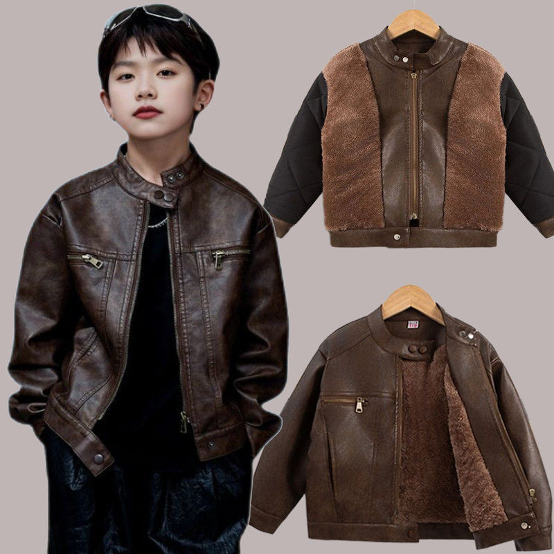 加绒加厚中大童2025新款童装男童皮衣儿童加棉夹克外套宝宝大衣