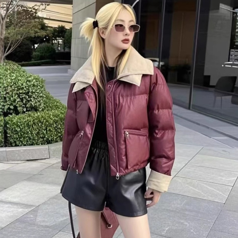 2025羽绒棉服女新款针织翻领皮衣短款冬季新款保暖棉袄外套PU棉厚|undefined