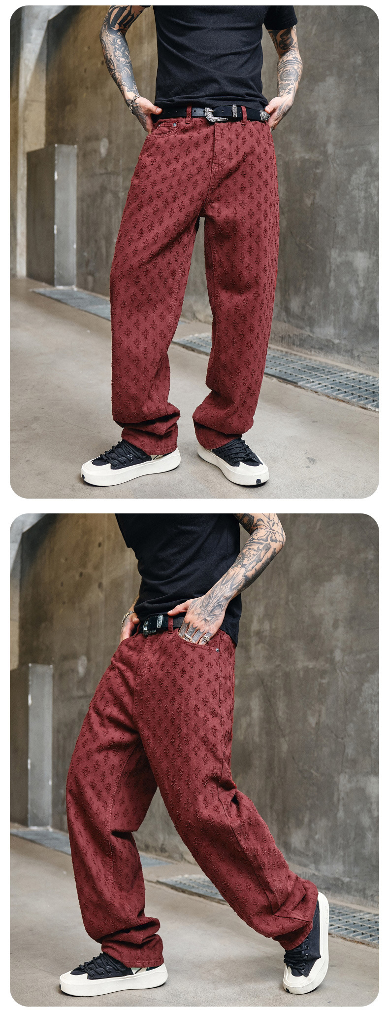Herren Jeans Mit Jacquard Muster Weit Gerade Und Lässig Verwaschen_voghion.com