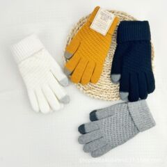 韓国風パイナップル柄ニット手袋、滑り止め、女性用、冬用、暖かい、厚手、サイクリング、タッチスクリーン対応、防風、オレンジ色