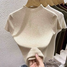 法式修身短袖T恤女2025春季设计感小众打底衫半高领针织内搭上衣