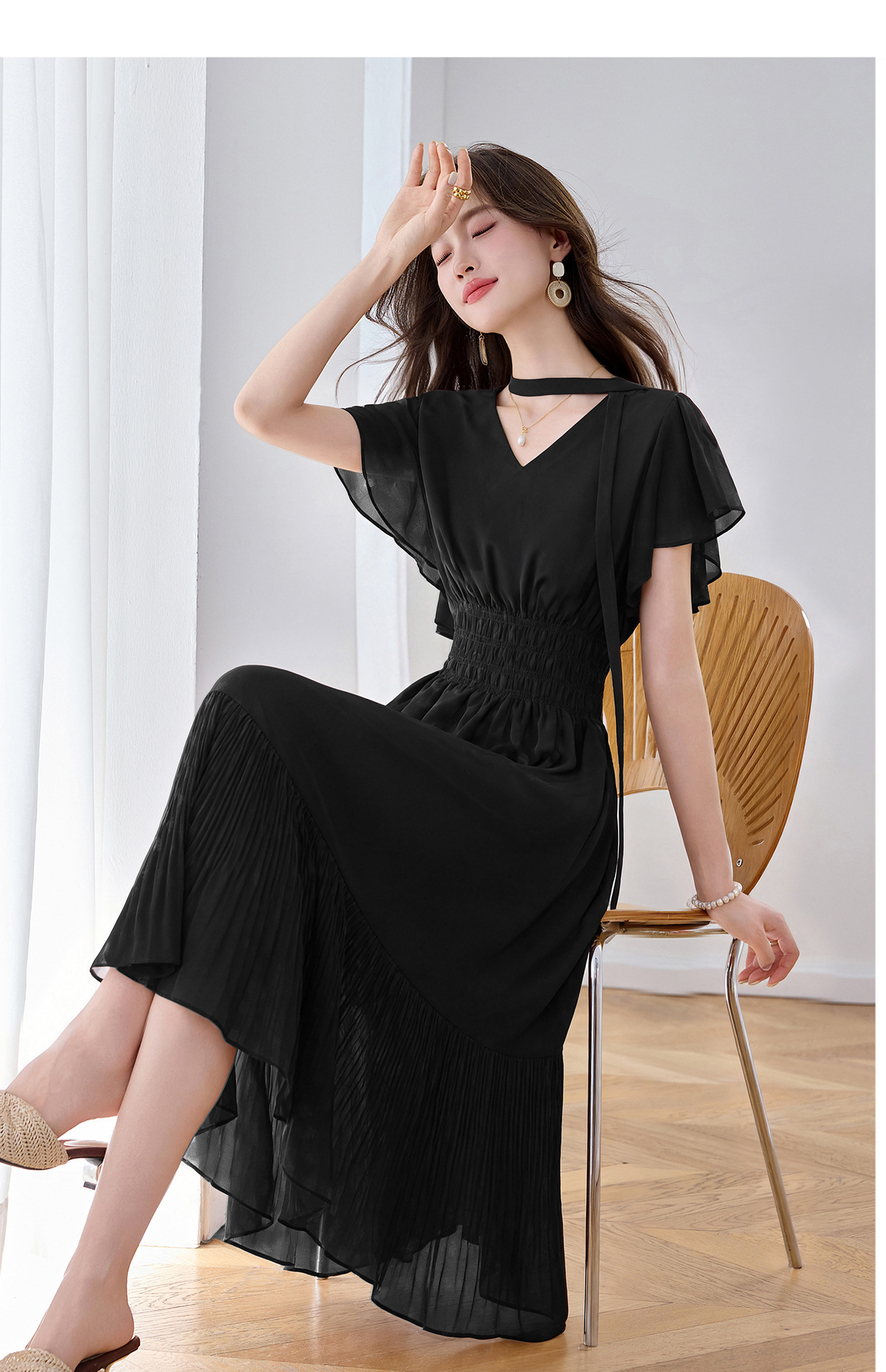 Đầm maxi nữ họa tiết hoa nhí thắt eo dáng chữ A dài quá gối — màu đen, màu hồng chi tiết 24