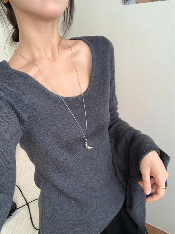 木四 秋冬设计感荡领披肩打底两件套女装针织衫显瘦长袖上衣M6694|undefined