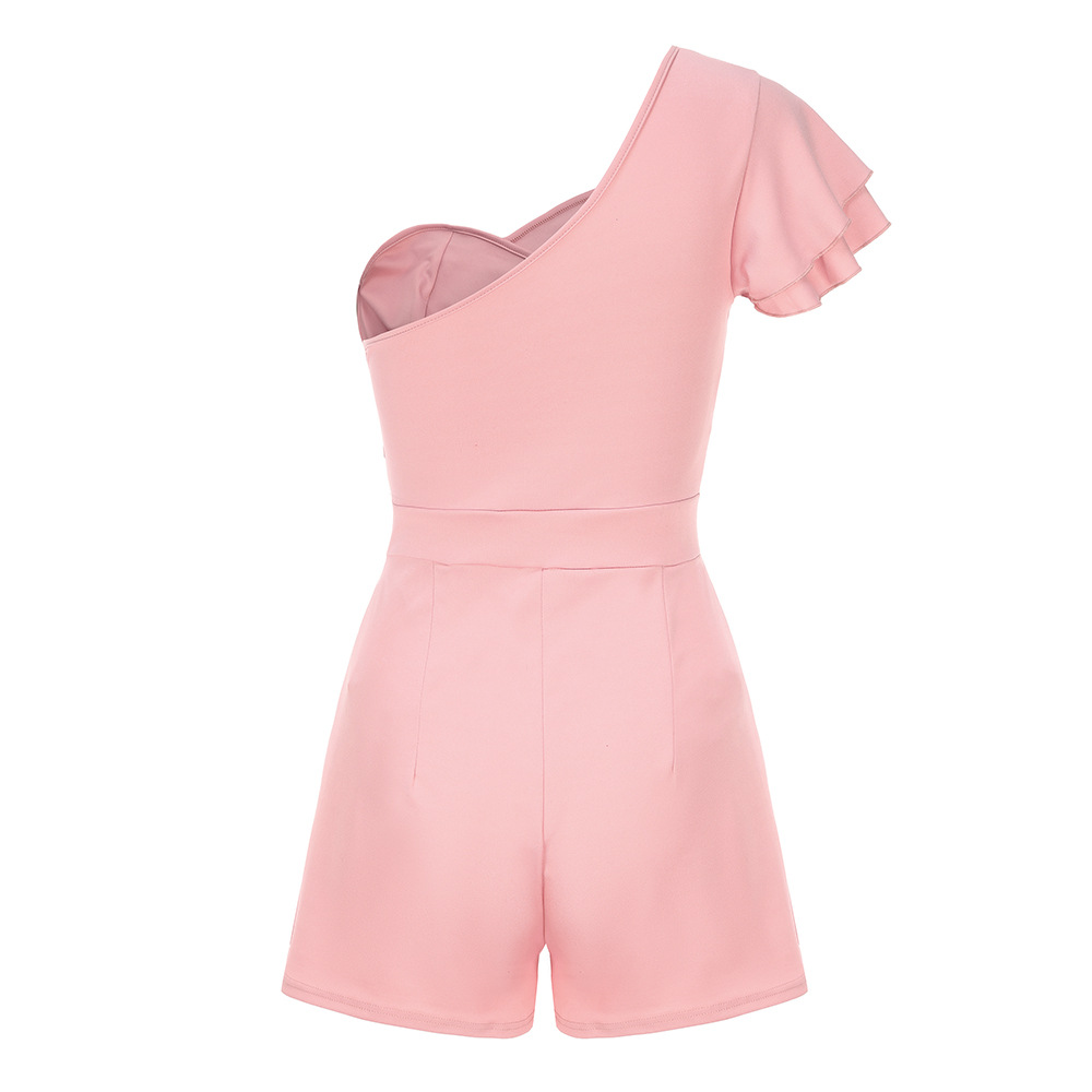 Women Clothing Spring Sexy One Shoulder Double Sleeve Solid Color Romper