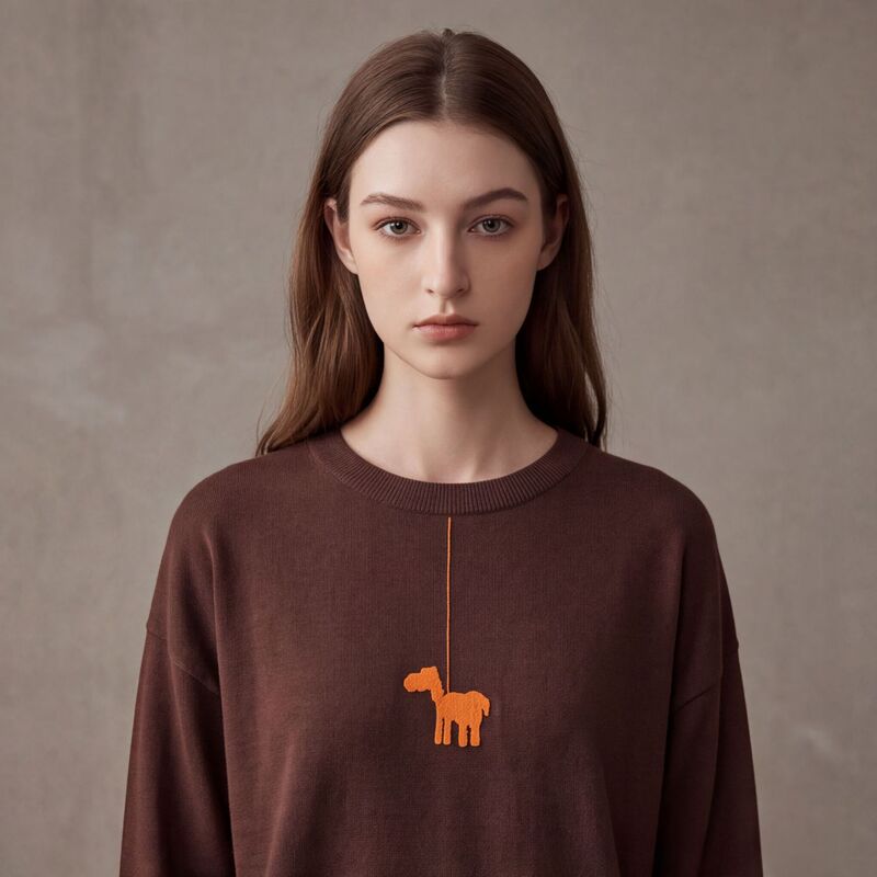 Round-neck knitted sweater with puppy embroidery, women's dark brown loose long-sleeve pullover base sweater, available in stock for autumn and winter Round-neck knitted sweater with puppy embroidery, women's dark brown loose long-sleeve pullover base sweater, available in stock for autumn and winter