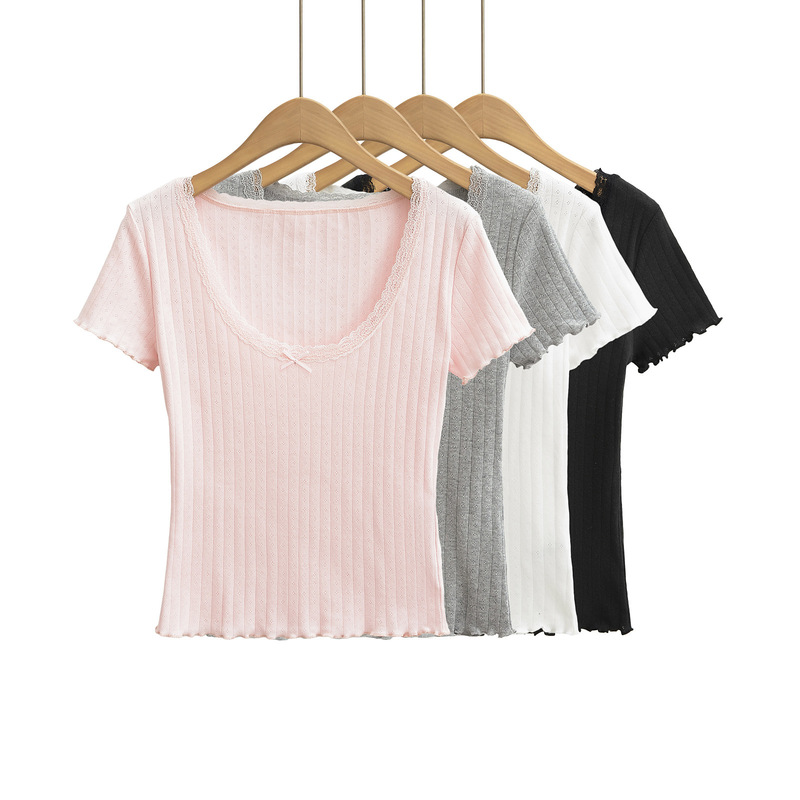 CL2451-24 Summer New Korean Style Girl Pure Lace Stitching Sexy Low-cut Round Neck Short Sleeve T-shirt