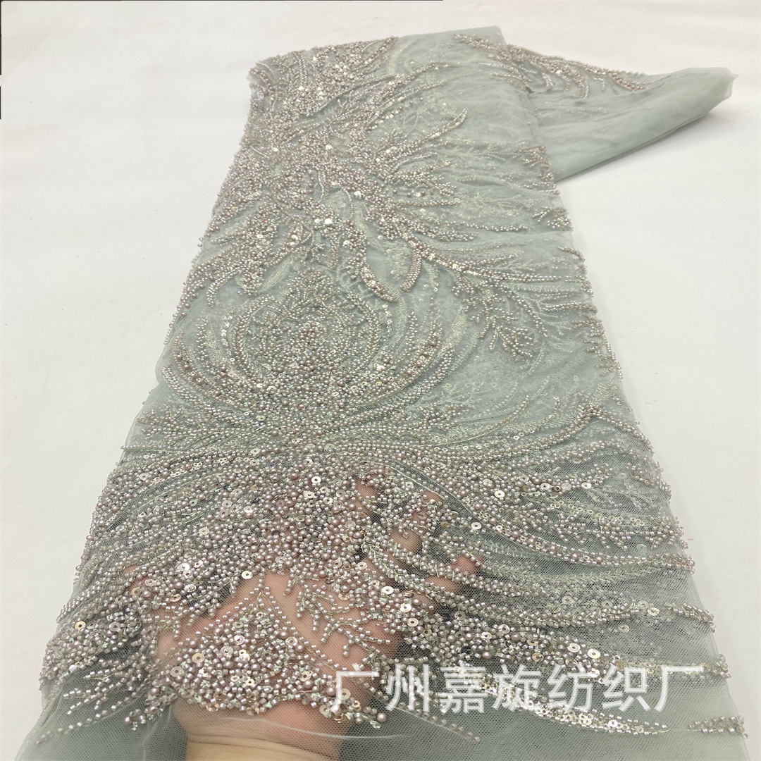Tela de encaje con cuentas y lentejuelas 3D con patrón floral de alta resistencia, en stock, para vestido de novia.
