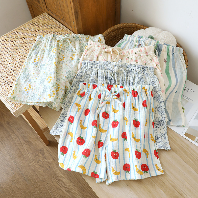 Cotton Crepe Shorts Women's Summer Thin Pajama Pants with Side Pocket Thin Multicolor Beach Pants Double Gauze Home Pants Cotton Crepe Shorts Women's Summer Thin Pajama Pants with Side Pocket Thin Multicolor Beach Pants Double Gauze Home Pants