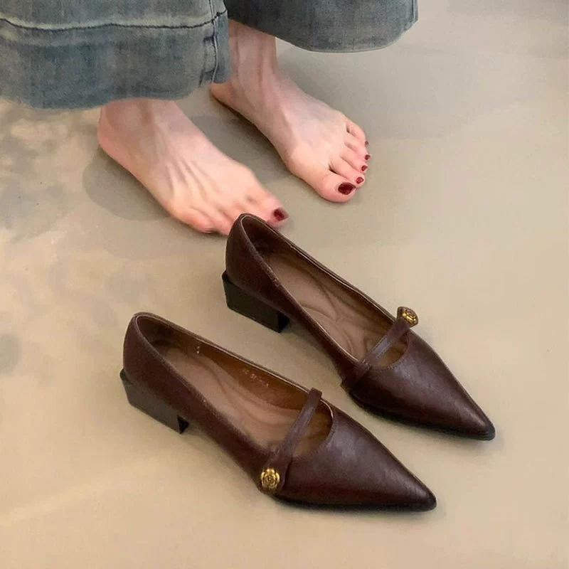 Версия из искусственной кожи ~ женские туфли в стиле ретро на неглубоком высоком каблуке с пряжкой в виде камелии, массивным каблуком, заостренным носком, элегантные туфли Мэри Джейн.