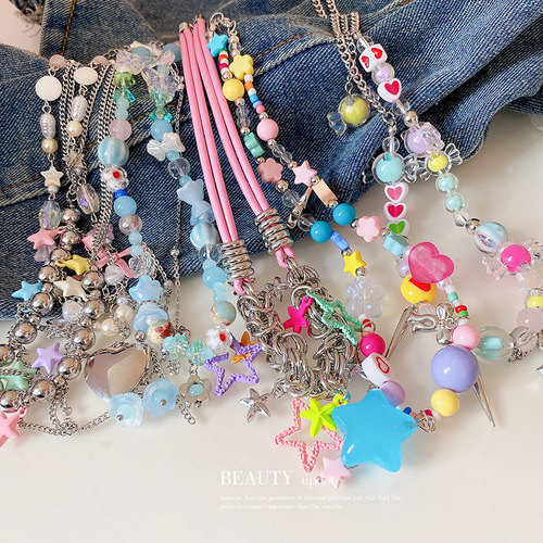 Dopamine colorful beaded butterfly star bow love tassel necklace sweet clavicle chain girl heart necklace