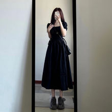 法式方领黑色连衣裙子女夏季2024年新款气质显瘦长裙子质感高级感