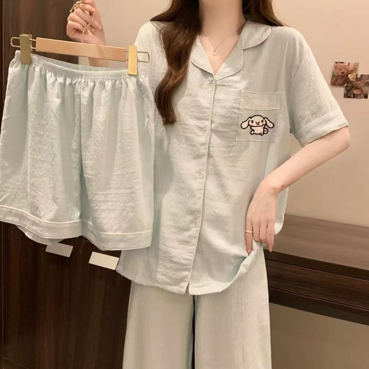 봄여름 곰구름 면 냉감 잠옷 여학생 카디건 터틀넥 홈웨어 3종 세트 밴드 브