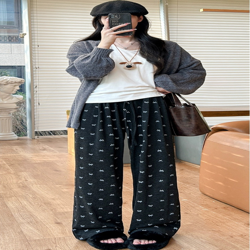 Pantalones Anchos de Felpa Suave con Lazo de Poliéster de Tiro Alto