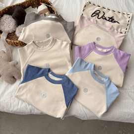 儿童保暖内衣男女童秋衣秋裤纯色拼接简约家居服2026新款圆领套装